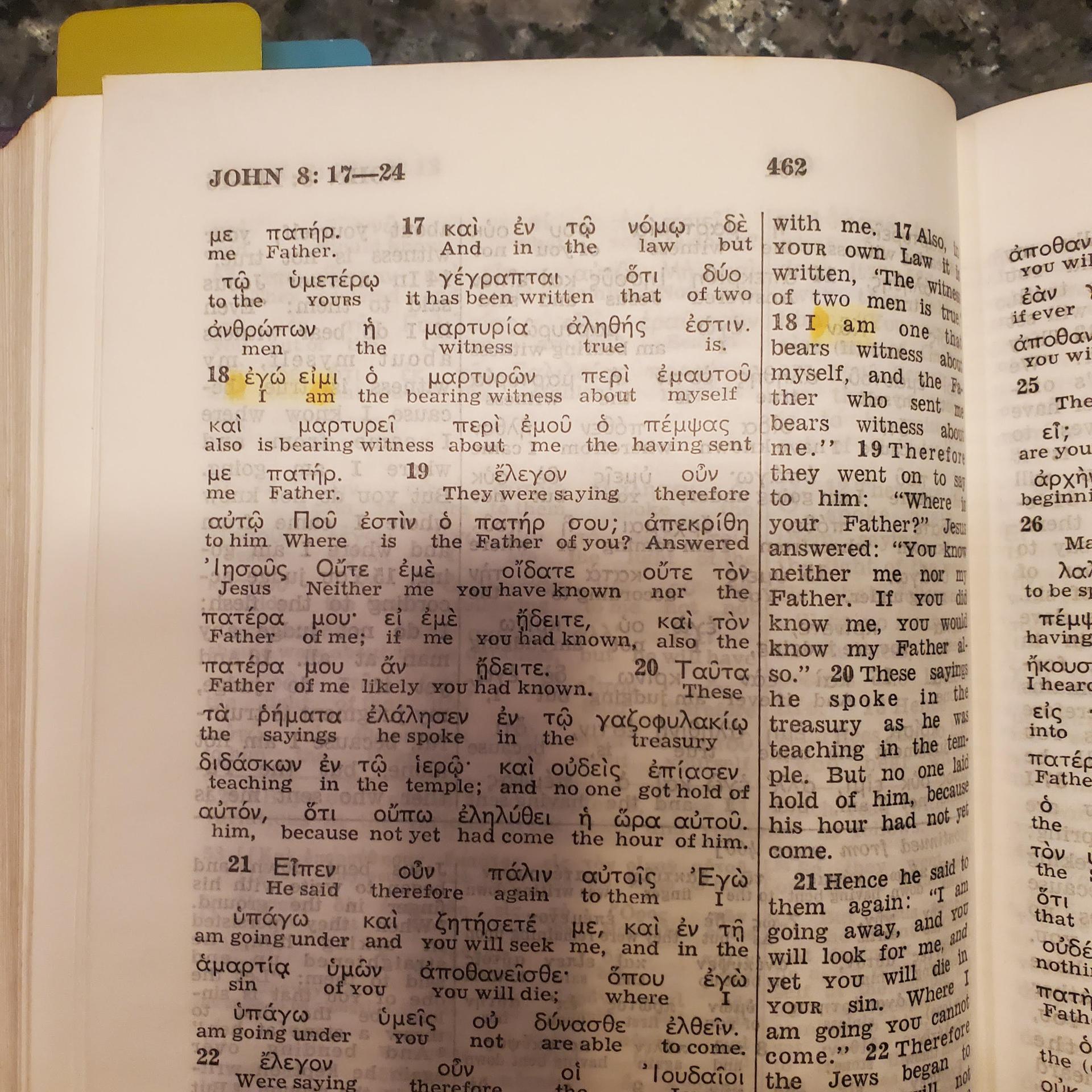 Kingdom Interlinear showing John 8:18 - ego eimi correctly translated as 'I am'